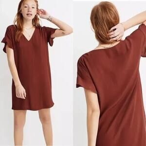 Madewell Rusted Burgundy Ruffle Sleeve Flowing Lightweight V-Neck Easy Dress